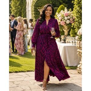 D'IYANU Women 1X Magenta Black African Print Cotton Maxi Dress Belted V-Neck NWT